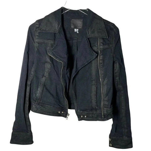 PAIGE size small black denim biker moto jacket zip front jeans - Picture 2 of 6